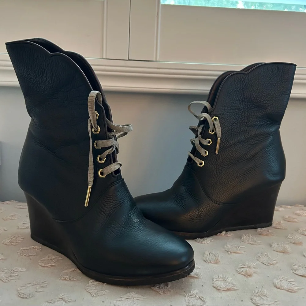 Chloe Wedge Lace Up Leather Heeled Ankle Boot Scallop Detail Black Leather 39 - Picture 14 of 15